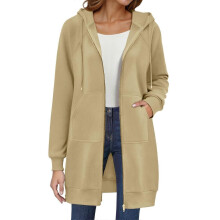 (XXL, Beige) Women's Long Hoodie Autumn Fashion Zipper Fleece Coat Comfortable Oversized Waist Sweatshirt Yellow XXL