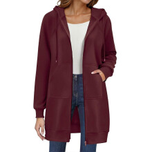 (XXL, Burgundy) Women's Long Hoodie Autumn Fashion Zipper Fleece Coat Comfortable Oversized Waist Sweatshirt Yellow XXL