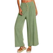 (XL, Green) Womens Casual Wide Leg High Waist Button Down Straight Long Trousers Pants Spring Summer Cotton Linen Pants Burgundy XL
