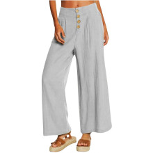 (M, Gray) Womens Casual Wide Leg High Waist Button Down Straight Long Trousers Pants Spring Summer Cotton Linen Pants Burgundy XL