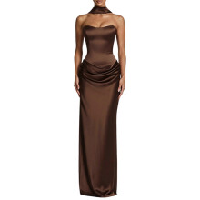 (S, brown) Backlace Slim Evening Party Dress With Neck Wrap Body Hugging Cut Sleeveless Gown For Women Special Event Cocktail Party Red S