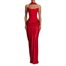 (M, Red) Backlace Slim Evening Party Dress With Neck Wrap Body Hugging Cut Sleeveless Gown For Women Special Event Cocktail Party Red S