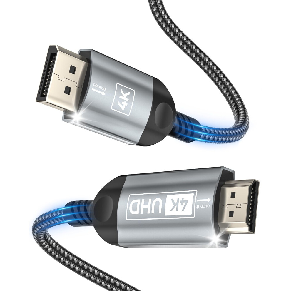 Nersligek 4K Displayport To Hdmi Cable 2M, Dp To Hdmi Male Uhd 4K@30Hz/2K@60/1080P@120 Nylon Dp To Hdtv Uni-Directional Cord For Dell, Projector, Des 5000339652029