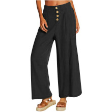 (L, Black) Womens Casual Wide Leg High Waist Button Down Straight Long Trousers Pants Spring Summer Cotton Linen Pants Burgundy XL
