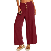 (XXXL, Burgundy) Womens Casual Wide Leg High Waist Button Down Straight Long Trousers Pants Spring Summer Cotton Linen Pants  Burgundy XL