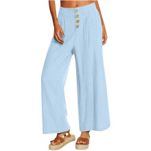 (L, Sky Blue) Womens Casual Wide Leg High Waist Button Down Straight Long Trousers Pants Spring Summer Cotton Linen Pants Burgundy XL