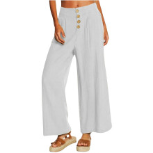 (M, White) Womens Casual Wide Leg High Waist Button Down Straight Long Trousers Pants Spring Summer Cotton Linen Pants Burgundy XL