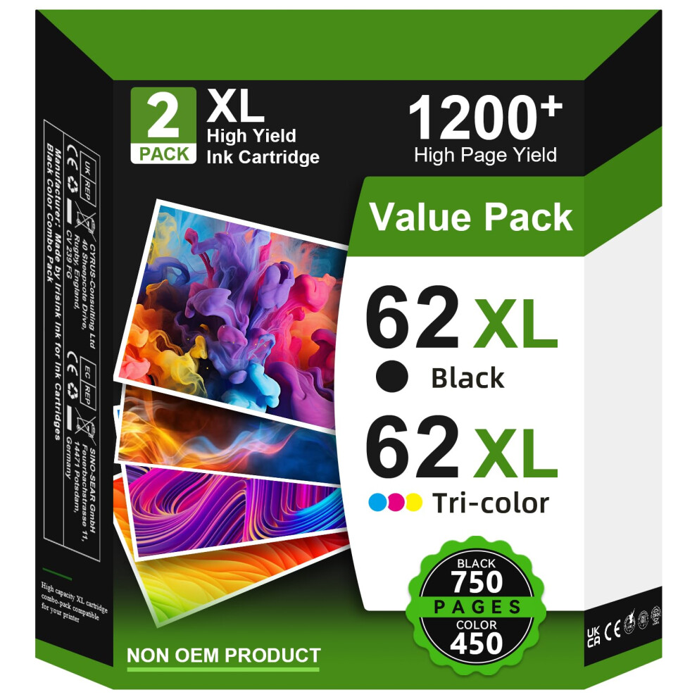 62Xl Ink Cartridges And Colour Replacement For Hp 62 Ink Cartridges Twin Pack, Printer Ink 62 Xl For Hp Envy 5540 5640 5546 5544 5541 5644 5646 Black 5003878042795