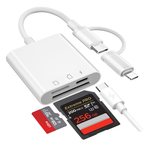 Dual Connectors Dual Slots SD Card Reader for iPhone iPad with Charging USB, Lightning & USB C MicroSD Camera Memory Card Reader for iPhone 17/16/15/