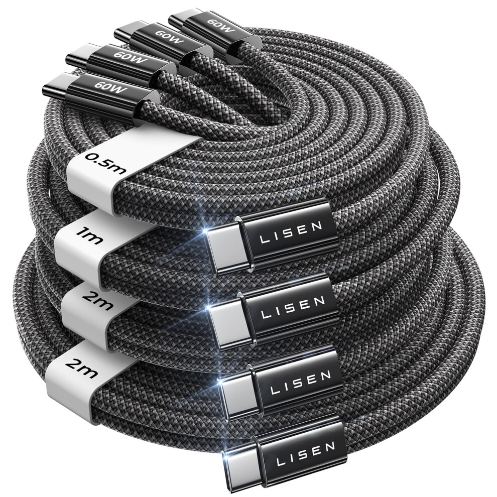 Lisen Usb C To Usb C Cable [60W/4-Pack] Type C Charger Fast Charging For Iphone 16/15 Pro Max, Ipad Pro Air, Samsung Galaxy S25, Pixel, Mi [0.5M+1M+2 5007519952573