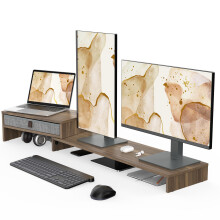 Fenge Monitor Stand Riser with Drawer 2 Shelf with Swivel and Adjustable Wood Computer Monitor Stands for 2 Monitors PC Laptop, Desktop Organizer (Br