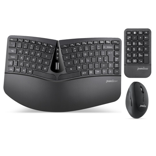 Perixx PERIDUO-606A Wireless Ergonomic Keyboard Set - Compact Split Design with Vertical Mouse and External Numeric Keypad - Adjustable Typing Angles