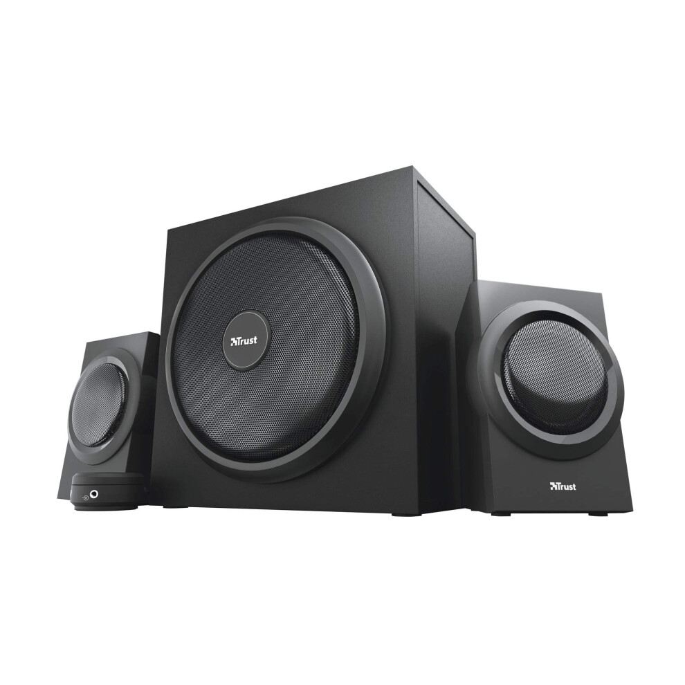 Trust Yuri 2.1 Speaker Set With Wooden Subwoofer, 120W (60W Rms), Uk Plug, Pc Speakers With Dynamic Bass, Wired Volume Control, Sound System For Comp 5008685573296