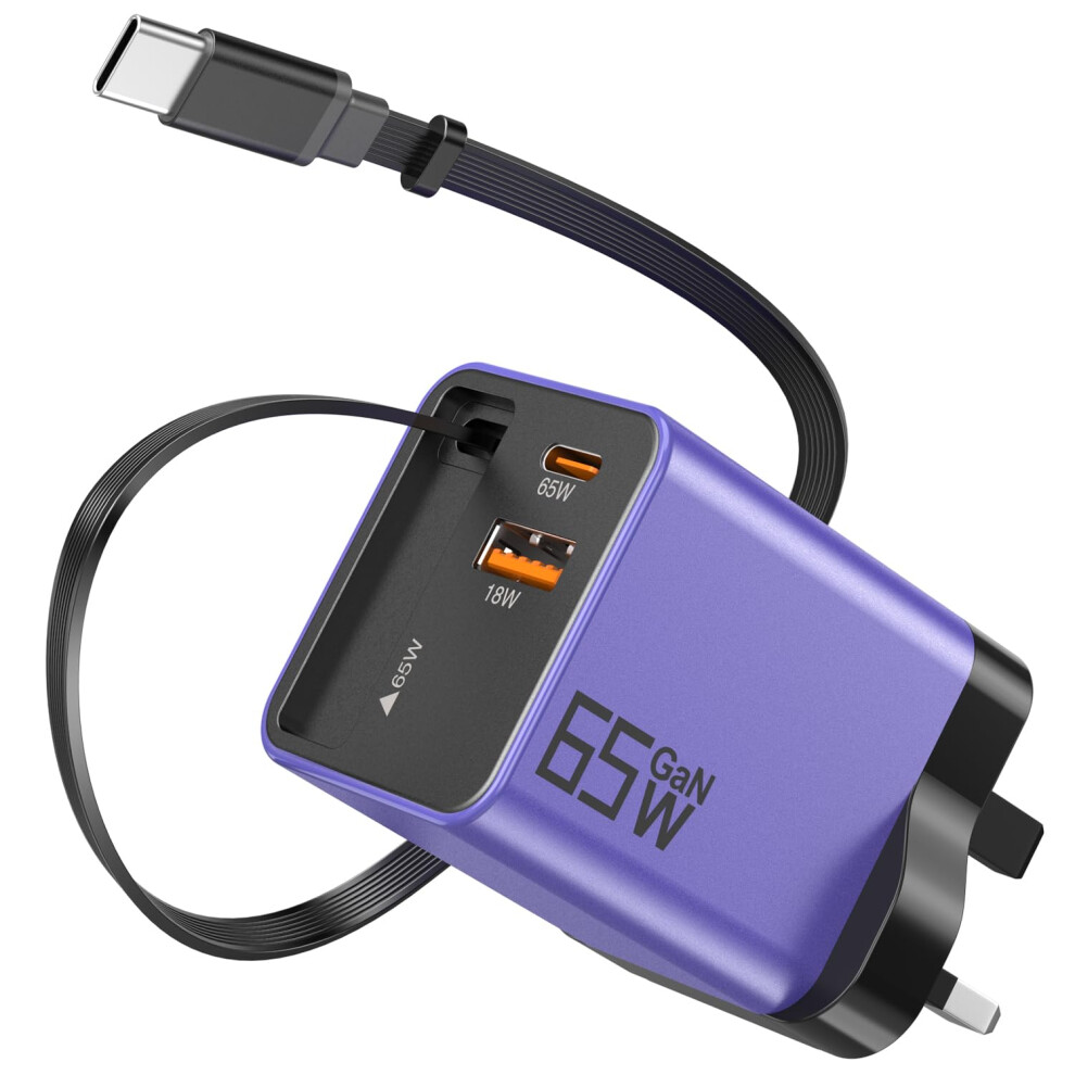 Photos - Power Tool Battery YISHIFD USB C Charger 65W GaN 3-Port Fast Charging Plug Built-in Retractable Cable , Compatible with MacBook Pro/Air,(0.7m)