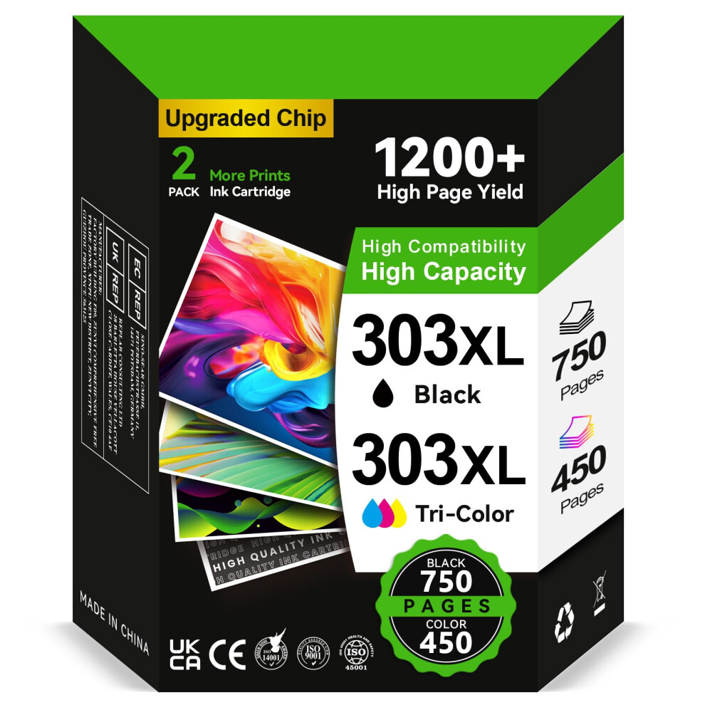 303Xl Ink Cartridges Bk/Cmy- 750/450+ Pages, Replacement For Hp 303 Ink Cartridges And Colour Original, Ink 303 For Hp Envy Inspire 7220E 7221E Black 5000138108819