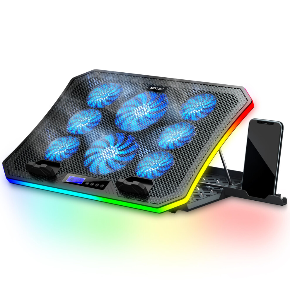 Laptop Cooling Pad Rgb Gaming Notebook Cooler For Desk And Lap Use, Moojay Laptop Fan Stand 8 Adjustable Heights With 8 Quiet Fans And Phone Holder, 5009719429381