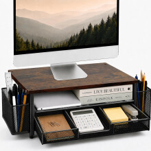 Computer Monitor Stand Riser with Storage, 2-Tier Wooden Desk Organiser and Accessories with Drawer & 2 Pen Holders, Ergonomic Desktop Stand for Prin