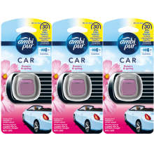 3 x 2ml Ambi Pur Car Air Freshener Vent Clip On Diffuser+ Refill - Flowers & Spring