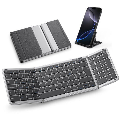 OMOTON Bluetooth Foldable Keyboard with Numeric Keypad, Wireless Keyboard Rechargeable, QWERTY UK Full Size, 3 Bluetooth Channels for iOS/Android/Win