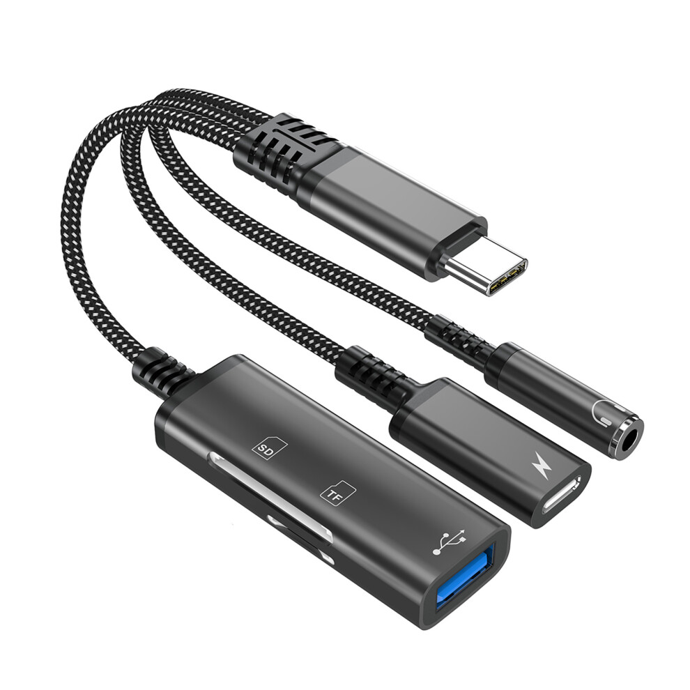 5 In 1 Fast Data Transfer Usb C Splitter To Usb C 3.5Mm Headphone Sound Adapter Black 7695001225472