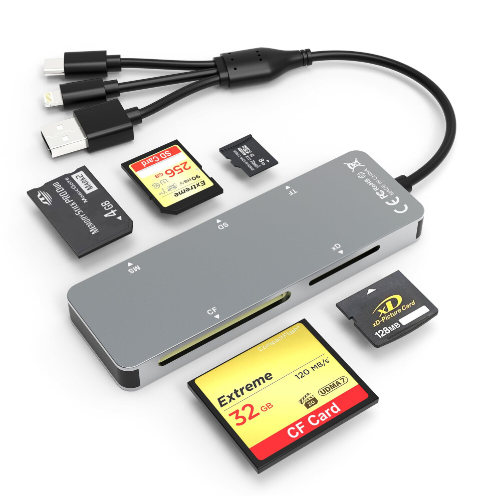 Sd/Tf/Ms/Cf/Xd Card Reader Memory Stick Pro Duo Adapter - Multi Memory Card Reader Supports Micro Sd/Sd/Compact Flash/Xd Picture Card, Lightning+Usb 5009455192068