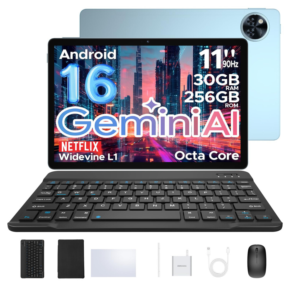 Popux U11 Pro Android 16 Ai Tablet, 11 Inch Android Tablets, 30Gb Ram+256Gb Rom/2Tb, 90Hz Octa Core, 8580Mah Battery, Widevine L1|Gemini Ai|5G Wifi, 5004947509386
