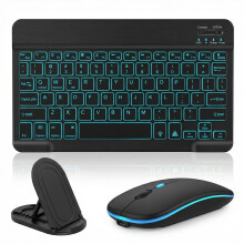 DUSEKI Backlit Bluetooth Keyboard and Mouse Set Rechargeable Wireless Keyboard with Phone Holder for iPad Samsung iOS Android Portable Design Univers