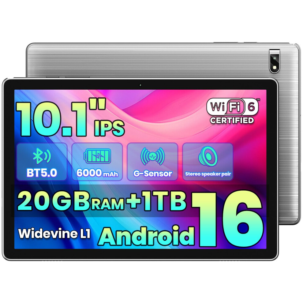 Tpz 2026 Latest Android 16 Tablet 10.1 Inch, Octa-Core 20Gb Ram+1Tb Expandable, 1280X800 Ips Hd, 5G, Bluetooth 5, Widevine L1, Dual Camera, Tablet Fo 5003633040578