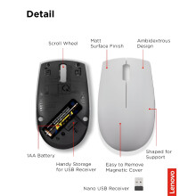 Lenovo 300 Wireless Compact Mouse (Arctic Grey) with battery