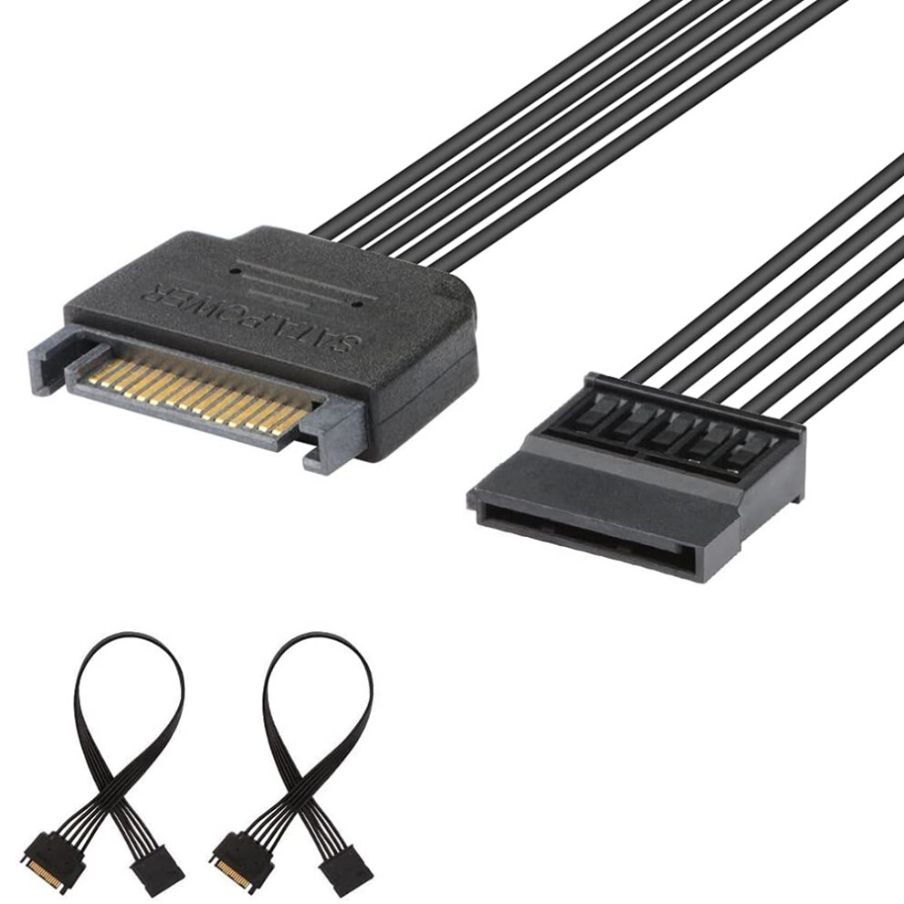 J&D 15 Pin Sata Power Extension Cable (2 Pack), Male To Female Cable, 10 Inch, Black