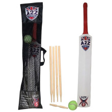 A2Z 4 Kids Cricket Set Rubber Grip Wooden Bat / 4 Stumps / Bails and
