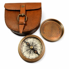 Authentic Vintage Style Brass Pocket Compass with Leather Case Rustic