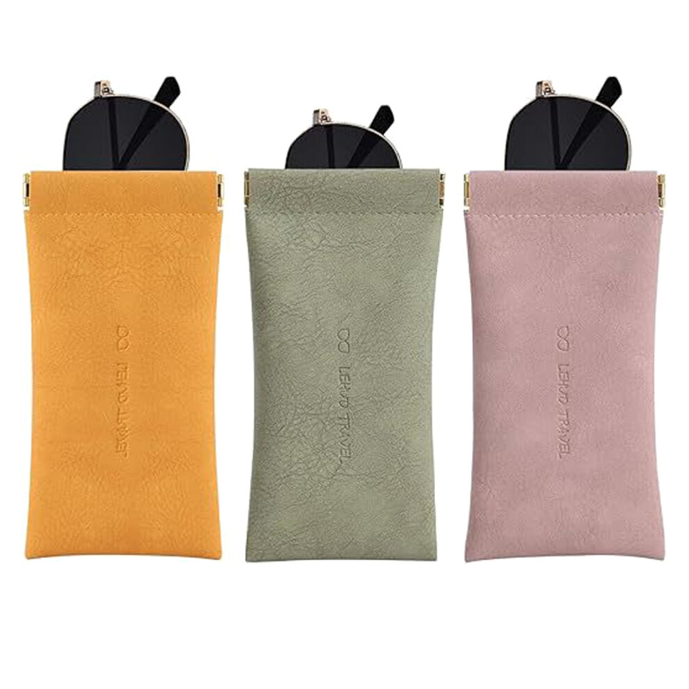3 Units Soft PU Leather Eyeglass Carriers Automatic Snap Shut Design POG