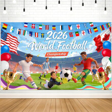 World Football Cup Backdrop Banner, 5.9 x 3.6FT Large Double Side World Football Cup Party Decorations, 2026 Soccer Match Backdrop Decorations for Ta
