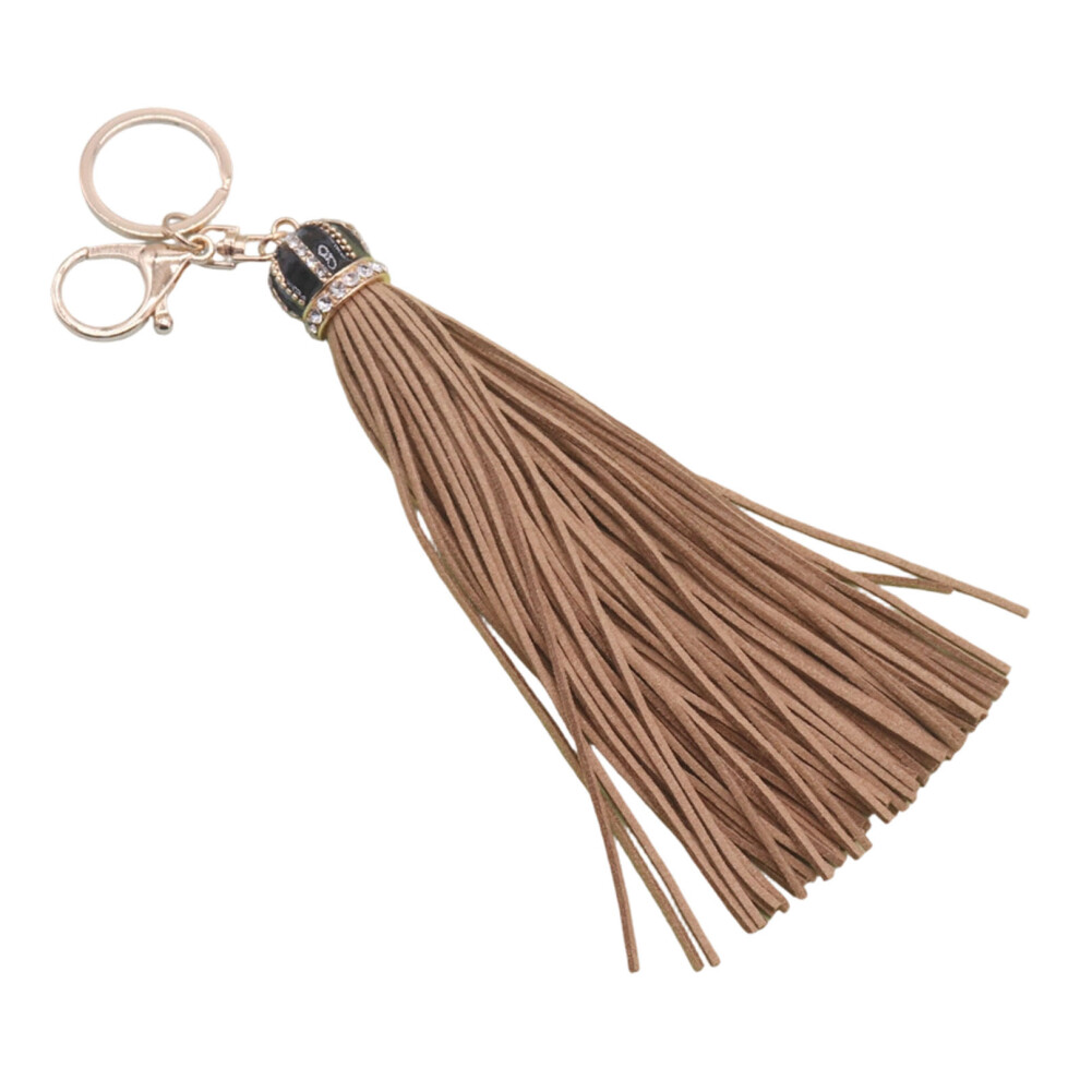 Shining Diamonds Crowns Keychain With Korean Leather Tassels For Purse Or Keys Khaki Gold 7755000613417