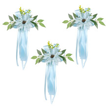 Realistic Faux Flower Rearview Mirror Decoration With Ribbon For Marriage Light Blue 3pcs