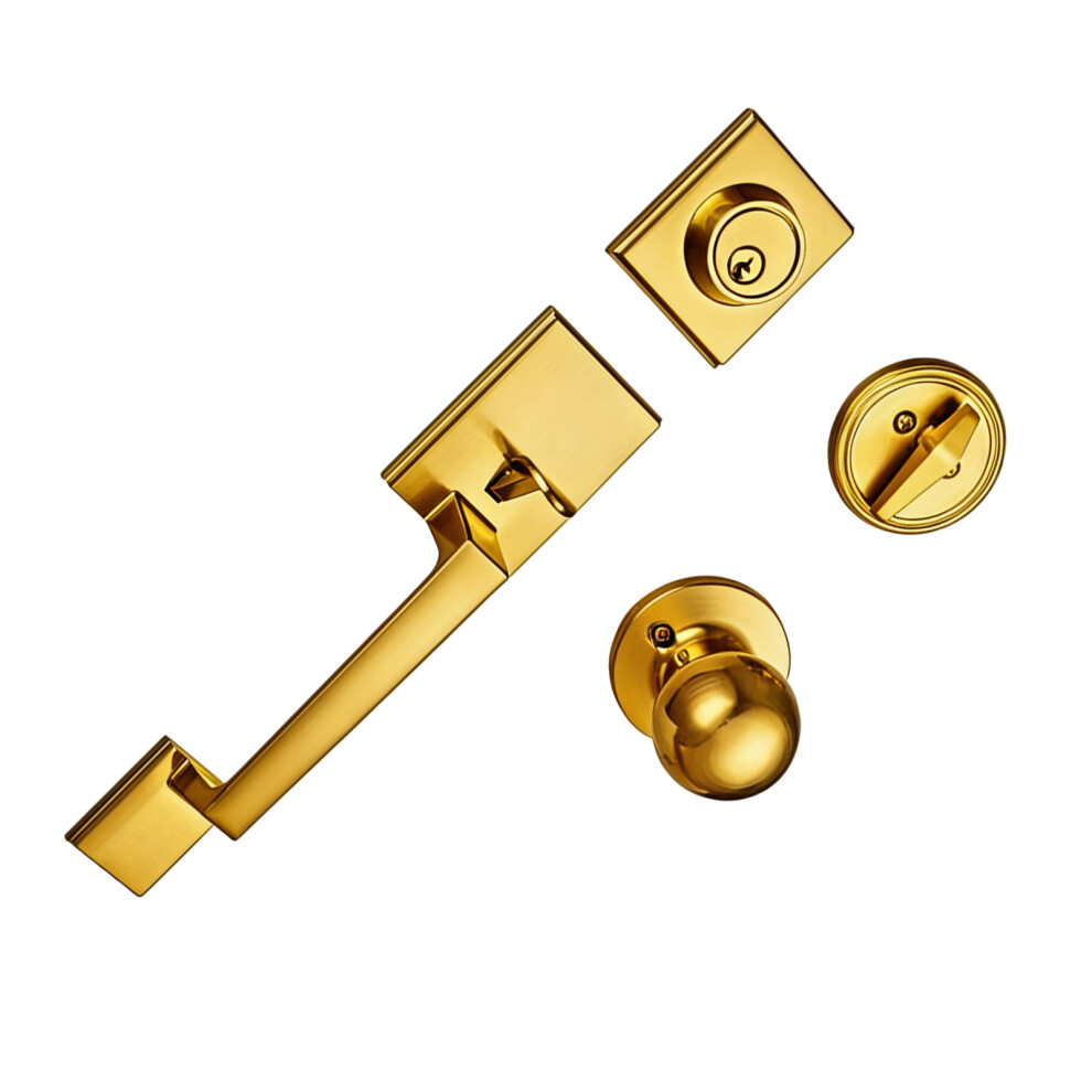 Front Door Lock Set With Door Knob Zinc Alloy Entry Door Knob Lock Enduring Square Gold 7755000583598