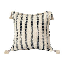 Decorative Tassels Pillow Velvet Striped Textured Cushion With Insert For Sofa Black gray