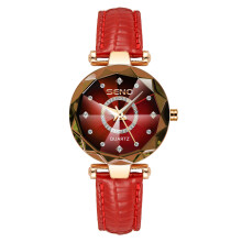 (Cherry red belt) Women's Ocean Heart Quartz Watch, Diamond Inlaid Stainless Steel Band Waterproof Ladies Wristwatch
