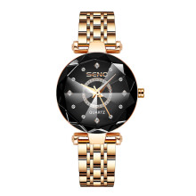 (Rose gold black surface) Women's Ocean Heart Quartz Watch, Diamond Inlaid Stainless Steel Band Waterproof Ladies Wristwatch