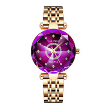 (Rose gold purple surface) Women's Ocean Heart Quartz Watch, Diamond Inlaid Stainless Steel Band Waterproof Ladies Wristwatch