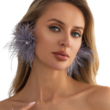 Long Feather Statement Earrings Sparkling Rhinestones Evening Wear Jewelry Gray