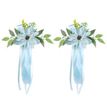 Beautiful Simulated Rose Car Mirror Ornament Perfect For Wedding Party Light Blue 2pcs
