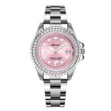 (Silver shell powder steel belt) High Appearance Bestseller Women Watch Luxury Diamond Inlaid Calendar Waterproof Wristwatch