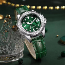 (Silver shell green belt) High Appearance Bestseller Women Watch Luxury Diamond Inlaid Calendar Waterproof Wristwatch