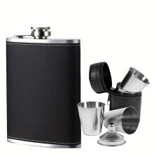 (Flask With 4 Cups And Funnel) Stainless Steel Soft Touch Leather Wrap Flask Gift Set | 8oz Leak Proof Whiskey & Rum & Vodka Hip Flask for with 4 Cups