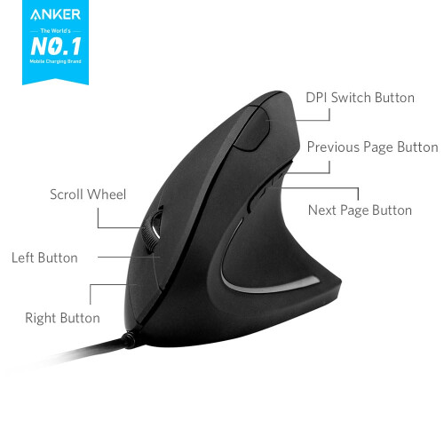 Anker Anker Ergonomic Optical USB Wired Vertical Mouse 1000/1600 DPI, 5 Buttons 1
