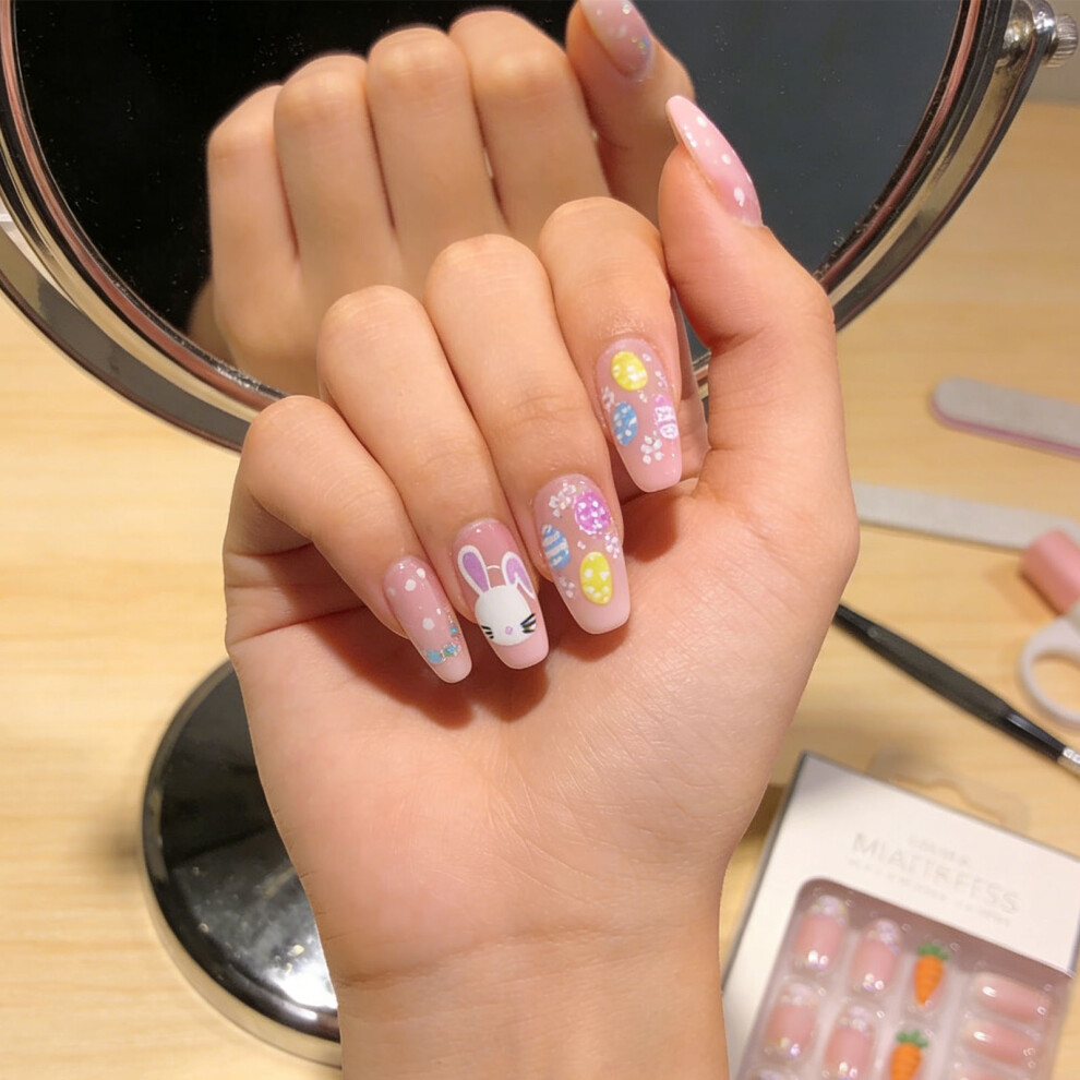 Colorful Easter Rabbit Carrot Egg Print Short Oval False Nail ABS Press-on Nail