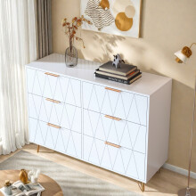 Commode 6 Tiroirs, Commode pour salon, Meuble Rangement avec Dispositif Anti - Dumping, Moderne, Idéale pour Salon, Couloir, Blanc