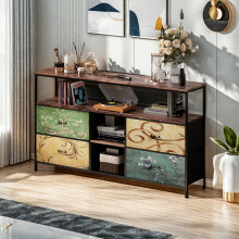 Meuble TV - 108x30x78cm - Éclairage LED - 4 Tiroirs PU Coloré - Métal noir et tissu coloré